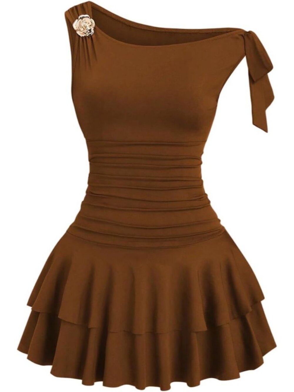 Women Brown Mini Dress One Shoulder Metal Floral Sleeveless Layered Hem Pull On